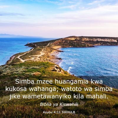 Picture 03 - Ayubu 4:11 SWHULB - Simba mzee huangamia kwa kukosa wahanga; watoto - Bible Verse Picture