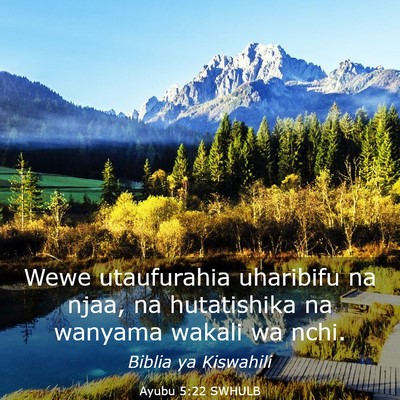 Picture 03 - Ayubu 5:22 SWHULB - Wewe utaufurahia uharibifu na njaa, na - Bible Verse Picture