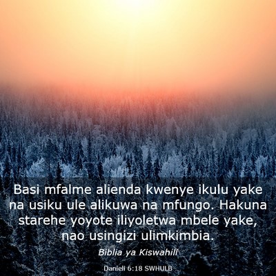 Picture 03 - Danieli 6:18 SWHULB - Basi mfalme alienda kwenye ikulu yake na usiku - Bible Verse Picture