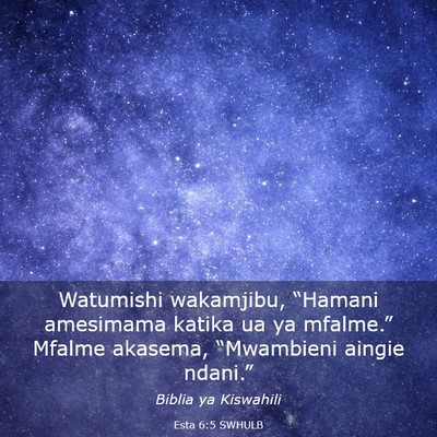 Picture 03 - Esta 6:5 SWHULB - Watumishi wakamjibu, “Hamani amesimama katika - Bible Verse Picture