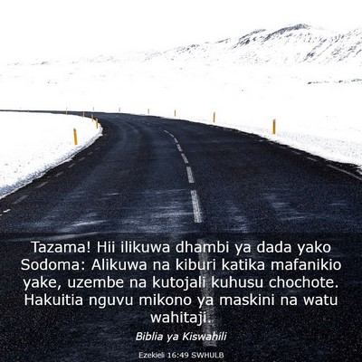Picture 03 - Ezekieli 16:49 SWHULB - Tazama! Hii ilikuwa dhambi ya dada yako Sodoma: - Bible Verse Picture