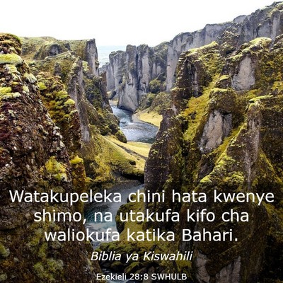Picture 03 - Ezekieli 28:8 SWHULB - Watakupeleka chini hata kwenye shimo, na utakufa - Bible Verse Picture