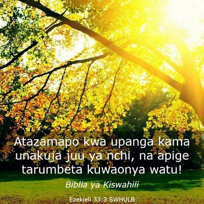 Picture 03 - Ezekieli 33:3 SWHULB - Atazamapo kwa upanga kama unakuja juu ya nchi, na - Bible Verse Picture