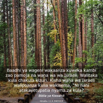 Picture 03 - Hesabu 11:4 SWHULB - Baadhi ya wageni wakaanza kuweka kambi zao pamoja - Bible Verse Picture