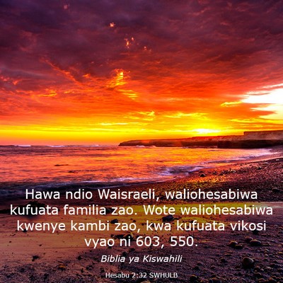 Picture 03 - Hesabu 2:32 SWHULB - Hawa ndio Waisraeli, waliohesabiwa kufuata - Bible Verse Picture