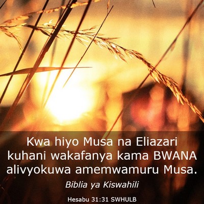 Picture 03 - Hesabu 31:31 SWHULB - Kwa hiyo Musa na Eliazari kuhani wakafanya kama - Bible Verse Picture