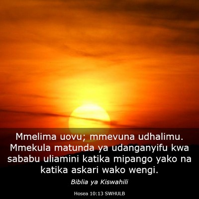 Picture 03 - Hosea 10:13 SWHULB - Mmelima uovu; mmevuna udhalimu. Mmekula matunda - Bible Verse Picture