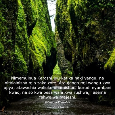 Picture 03 - Isaya 45:13 SWHULB - Nimemuinua Keroshi juu katika haki yangu, na - Bible Verse Picture