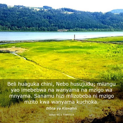 Picture 03 - Isaya 46:1 SWHULB - Beli huaguka chini, Nebo husujudu; miungu yao - Bible Verse Picture