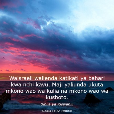 Picture 03 - Kutoka 14:22 SWHULB - Waisraeli walienda katikati ya bahari kwa nchi - Bible Verse Picture