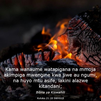 Picture 03 - Kutoka 21:18 SWHULB - Kama wanaume watapigana na mmoja akimpiga - Bible Verse Picture