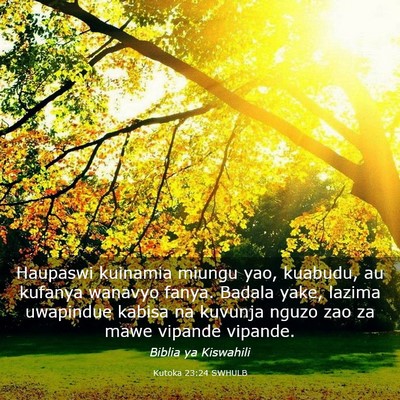 Picture 03 - Kutoka 23:24 SWHULB - Haupaswi kuinamia miungu yao, kuabudu, au kufanya - Bible Verse Picture