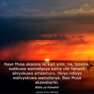 Picture 03 - Kutoka 39:43 SWHULB - Naye Musa akaiona ile kazi yote, na, tazama, - Bible Verse Picture