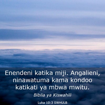 Picture 03 - Luka 10:3 SWHULB - Enendeni katika miji. Angalieni, ninawatuma kama - Bible Verse Picture