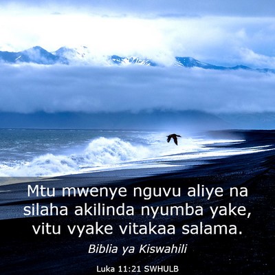 Picture 03 - Luka 11:21 SWHULB - Mtu mwenye nguvu aliye na silaha akilinda nyumba - Bible Verse Picture