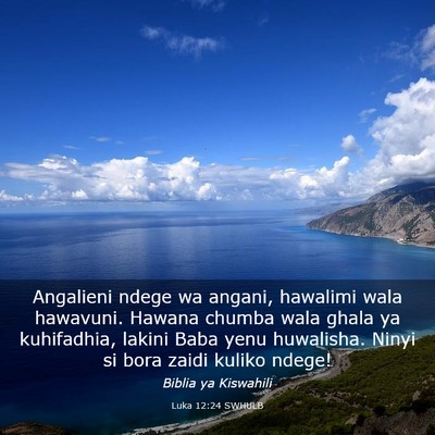 Picture 03 - Luka 12:24 SWHULB - Angalieni ndege wa angani, hawalimi wala - Bible Verse Picture