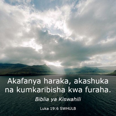 Picture 03 - Luka 19:6 SWHULB - Akafanya haraka, akashuka na kumkaribisha kwa - Bible Verse Picture