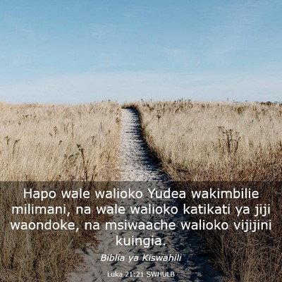 Picture 03 - Luka 21:21 SWHULB - Hapo wale walioko Yudea wakimbilie milimani, na - Bible Verse Picture