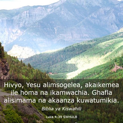 Picture 03 - Luka 4:39 SWHULB - Hivyo, Yesu alimsogelea, akaikemea ile homa na - Bible Verse Picture