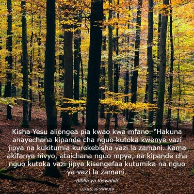 Picture 03 - Luka 5:36 SWHULB - Kisha Yesu aliongea pia kwao kwa mfano. “Hakuna - Bible Verse Picture