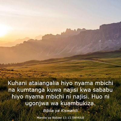 Picture 03 - Mambo ya Walawi 13:15 SWHULB - Kuhani ataiangalia hiyo nyama mbichi na kumtanga - Bible Verse Picture