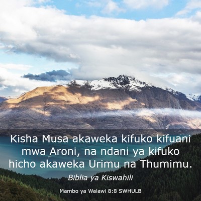 Picture 03 - Mambo ya Walawi 8:8 SWHULB - Kisha Musa akaweka kifuko kifuani mwa Aroni, na - Bible Verse Picture