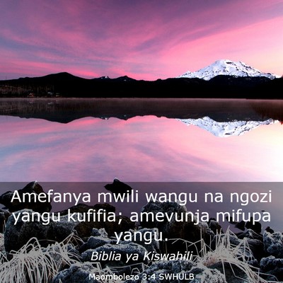 Picture 03 - Maombolezo 3:4 SWHULB - Amefanya mwili wangu na ngozi yangu kufifia; - Bible Verse Picture