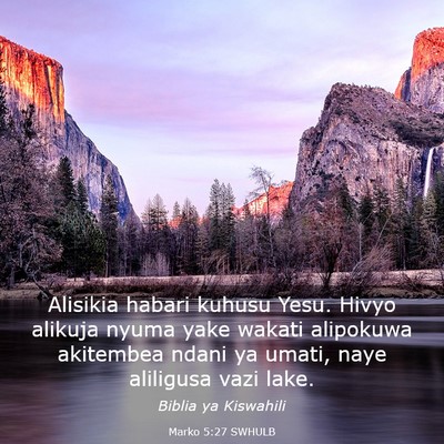 Picture 03 - Marko 5:27 SWHULB - Alisikia habari kuhusu Yesu. Hivyo alikuja nyuma - Bible Verse Picture