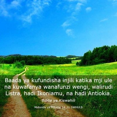 Picture 03 - Matendo ya Mitume 14:21 SWHULB - Baada ya kufundisha injili katika mji ule na - Bible Verse Picture