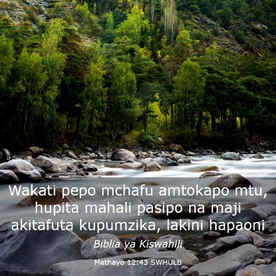 Picture 03 - Mathayo 12:43 SWHULB - Wakati pepo mchafu amtokapo mtu, hupita mahali - Bible Verse Picture