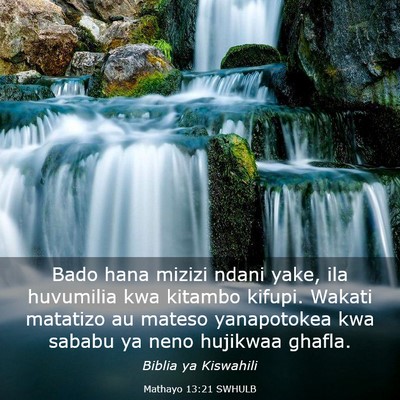 Picture 03 - Mathayo 13:21 SWHULB - Bado hana mizizi ndani yake, ila huvumilia kwa - Bible Verse Picture