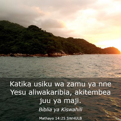 Picture 03 - Mathayo 14:25 SWHULB - Katika usiku wa zamu ya nne Yesu aliwakaribia, - Bible Verse Picture