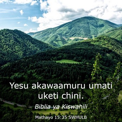 Picture 03 - Mathayo 15:35 SWHULB - Yesu akawaamuru umati uketi - Bible Verse Picture