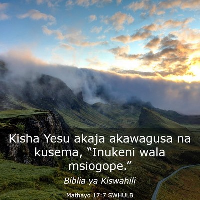 Picture 03 - Mathayo 17:7 SWHULB - Kisha Yesu akaja akawagusa na kusema, “Inukeni - Bible Verse Picture