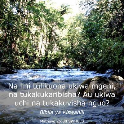 Picture 03 - Mathayo 25:38 SWHULB - Na lini tulikuona ukiwa mgeni, na - Bible Verse Picture