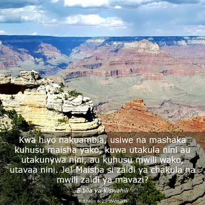 Picture 03 - Mathayo 6:25 SWHULB - Kwa hiyo nakuambia, usiwe na mashaka kuhusu - Bible Verse Picture