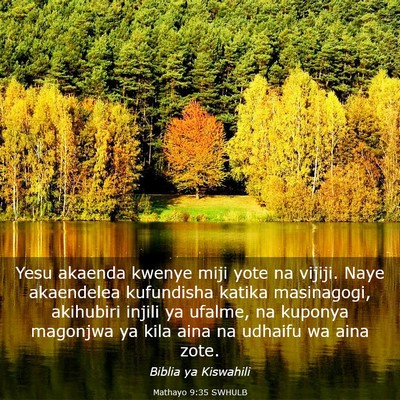 Picture 03 - Mathayo 9:35 SWHULB - Yesu akaenda kwenye miji yote na vijiji. Naye - Bible Verse Picture