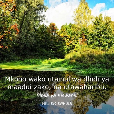 Picture 03 - Mika 5:9 SWHULB - Mkono wako utainuliwa dhidi ya maadui zako, na - Bible Verse Picture