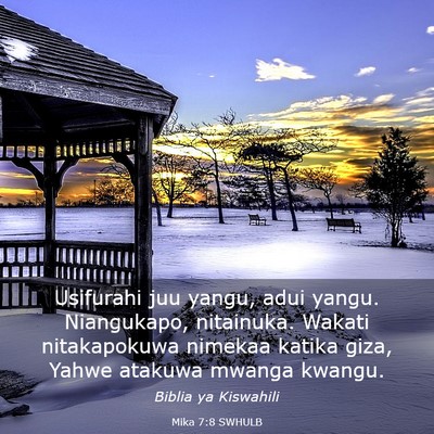 Picture 03 - Mika 7:8 SWHULB - Usifurahi juu yangu, adui yangu. Niangukapo, - Bible Verse Picture