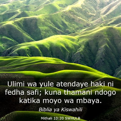 Picture 03 - Mithali 10:20 SWHULB - Ulimi wa yule atendaye haki ni fedha safi; kuna - Bible Verse Picture