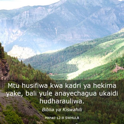 Picture 03 - Mithali 12:8 SWHULB - Mtu husifiwa kwa kadri ya hekima yake, bali yule - Bible Verse Picture