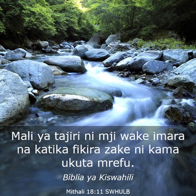 Picture 03 - Mithali 18:11 SWHULB - Mali ya tajiri ni mji wake imara na katika fikira - Bible Verse Picture