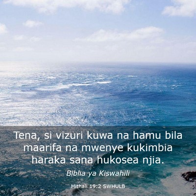 Picture 03 - Mithali 19:2 SWHULB - Tena, si vizuri kuwa na hamu bila maarifa na - Bible Verse Picture