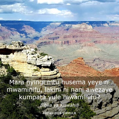 Picture 03 - Mithali 20:6 SWHULB - Mara nyingi mtu husema yeye ni mwaminifu, lakini - Bible Verse Picture