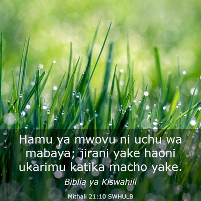 Picture 03 - Mithali 21:10 SWHULB - Hamu ya mwovu ni uchu wa mabaya; jirani yake - Bible Verse Picture