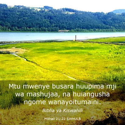 Picture 03 - Mithali 21:22 SWHULB - Mtu mwenye busara huupima mji wa mashujaa, na - Bible Verse Picture