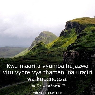 Picture 03 - Mithali 24:4 SWHULB - Kwa maarifa vyumba hujazwa vitu vyote vya thamani - Bible Verse Picture