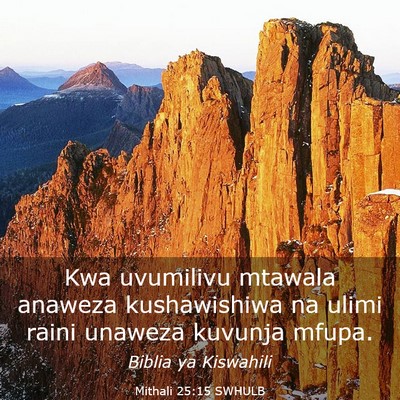Picture 03 - Mithali 25:15 SWHULB - Kwa uvumilivu mtawala anaweza kushawishiwa na - Bible Verse Picture