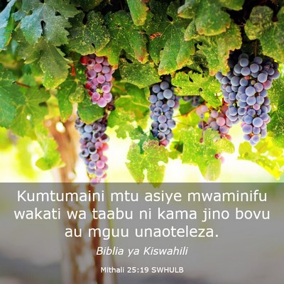 Picture 03 - Mithali 25:19 SWHULB - Kumtumaini mtu asiye mwaminifu wakati wa taabu ni - Bible Verse Picture