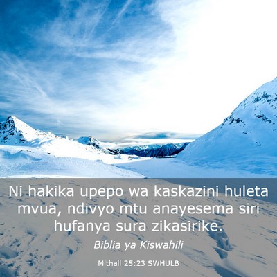 Picture 03 - Mithali 25:23 SWHULB - Ni hakika upepo wa kaskazini huleta mvua, ndivyo - Bible Verse Picture